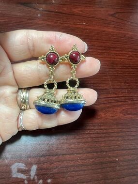 Vintage High End Costume Jewelry Earrings Cabochon style red and blue stone